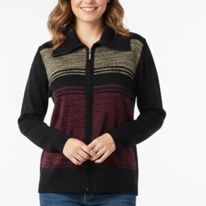 Exclusively Misook Black Striped Colorblock Zip Cardigan Size M